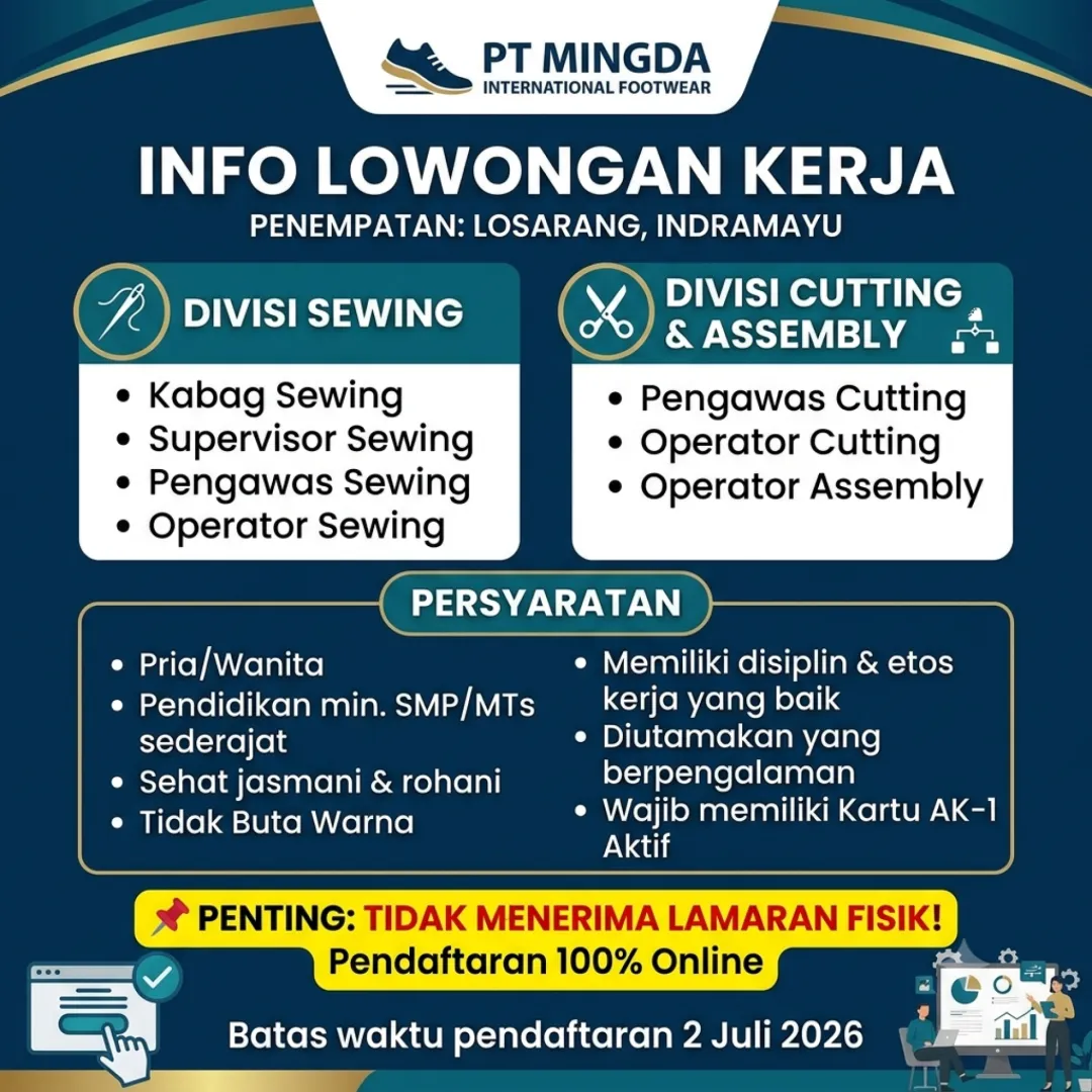 Mingda Buka Loker 7 Posisi di PT. Mingda International Footwear